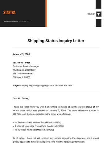 Free Shipping Status Inquiry Letter Template to Edit Online