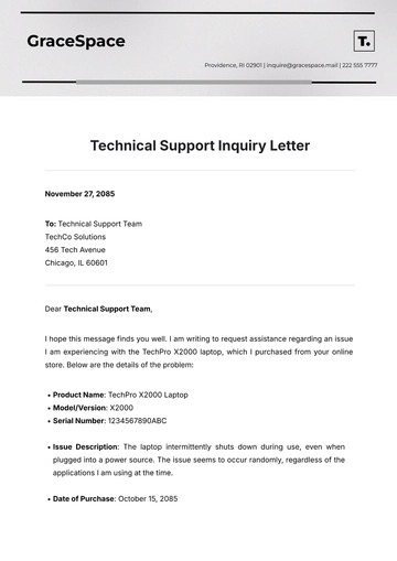 Free Technical Support Inquiry Letter Template to Edit Online