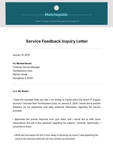 Free Service Feedback Inquiry Letter Template to Edit Online