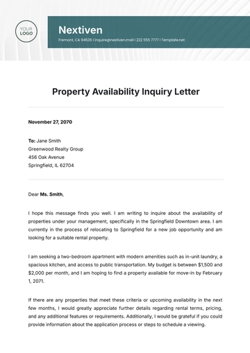 Free Property Availability Inquiry Letter Template to Edit Online