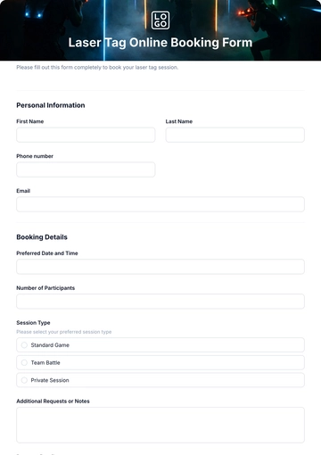 Free Laser Tag Online Booking Form Template to Edit Online