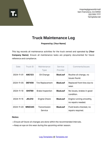 Free Truck Maintenance Log Template to Edit Online
