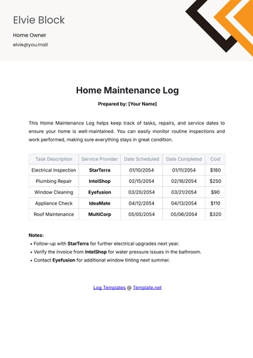 Free Home Maintenance Log Template to Edit Online