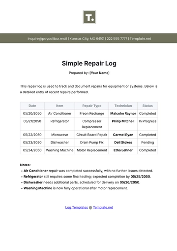 Free Simple Repair Log Template to Edit Online