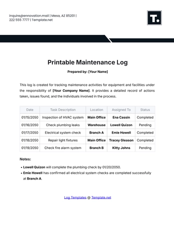 Free Printable Maintenance Log Template to Edit Online