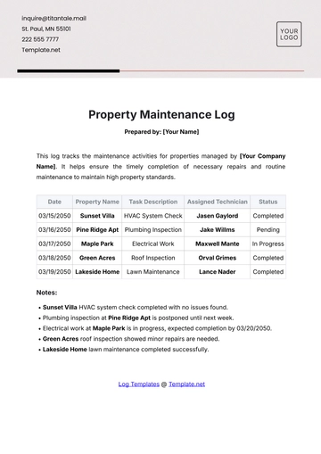 Free Property Maintenance Log Template to Edit Online