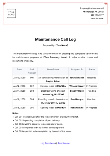 Free Maintenance Call Log Template to Edit Online