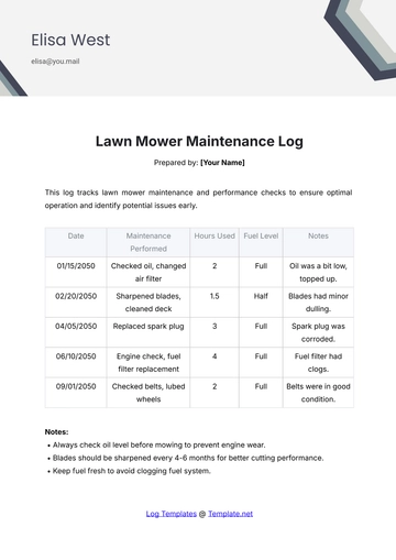 Free Lawn Mower Maintenance Log Template to Edit Online
