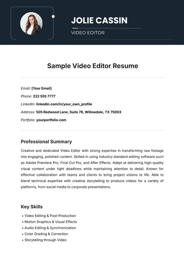 Free Sample Video Editor Resume Template to Edit Online