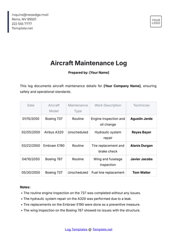 Free Aircraft Maintenance Log Template to Edit Online