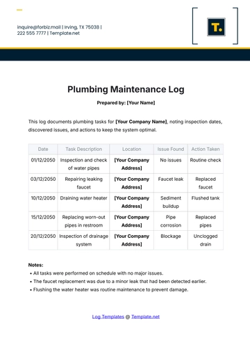 Free Plumbing Maintenance Log Template to Edit Online