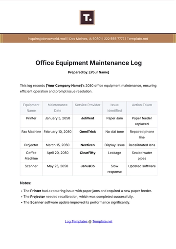 Free Office Equipment Maintenance Log Template to Edit Online