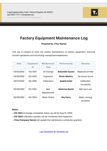 Free Factory Equipment Maintenance Log Template to Edit Online