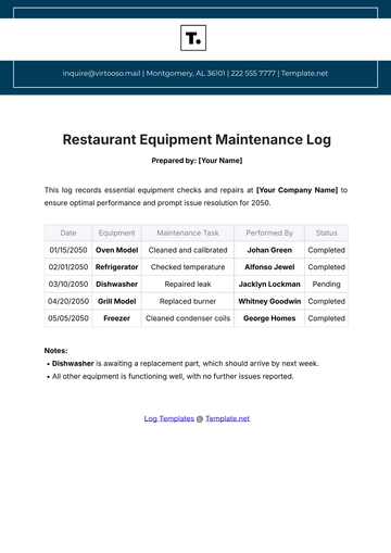 Free Restaurant Equipment Maintenance Log Template to Edit Online