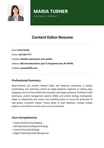 Free Content Editor Resume Template to Edit Online