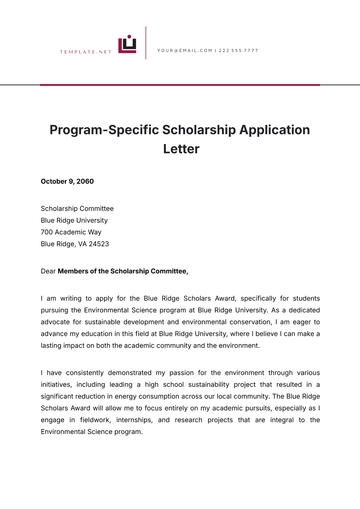 Free Program-Specific  Scholarship Application Letter Template to Edit Online