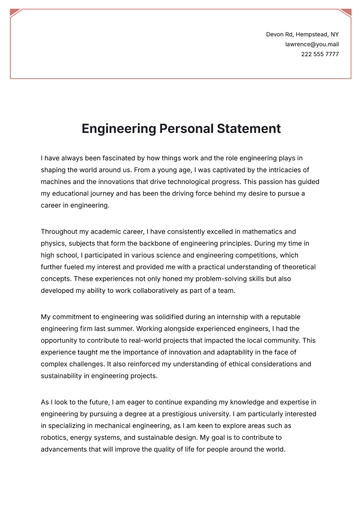 Free Engineering Personal Statement Example to Edit Online