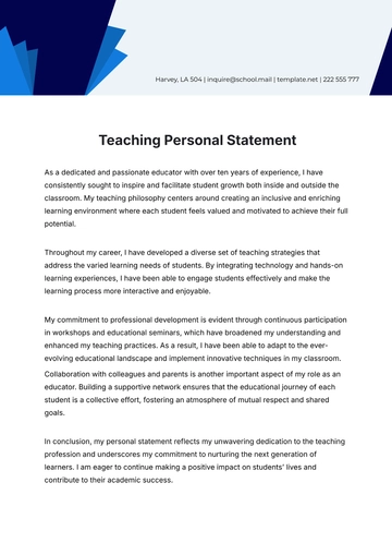 Free Teaching Personal Statement Template to Edit Online