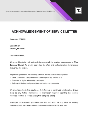 Free Acknowledgement of Service Letter Template to Edit Online