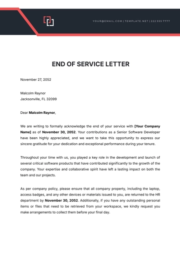 Free End of Service Letter Template to Edit Online
