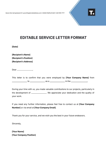 Free Editable Service Letter Format Template to Edit Online