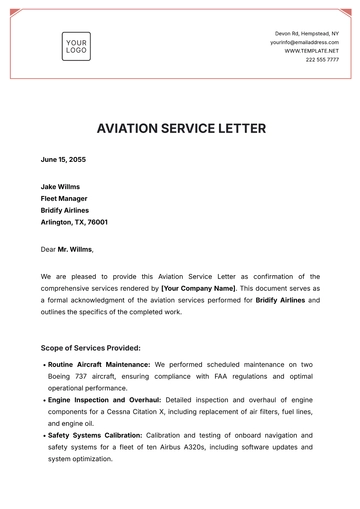 Free Aviation Service Letter Template to Edit Online