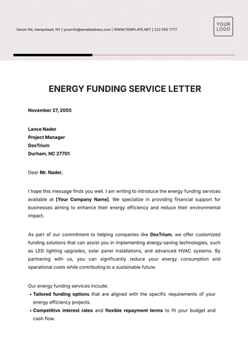 Free Energy Funding Service Letter Template to Edit Online