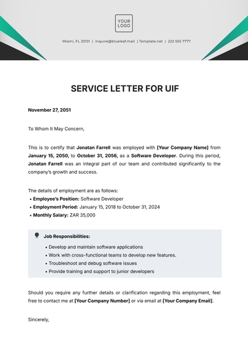 Free Service Letter for UIF Template to Edit Online