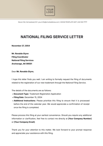 Free National Filing Service Letter Template to Edit Online