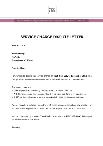 Free Service Charge Dispute Letter Template to Edit Online