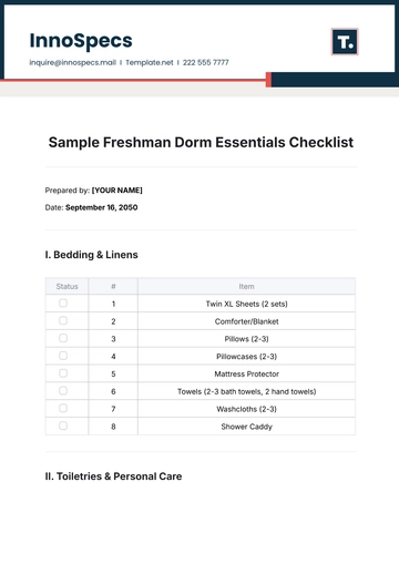 Free Sample Freshman Dorm Essentials Checklist Template to Edit Online