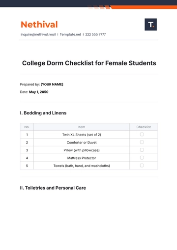Free College Dorm Checklist for Female Student Template to Edit Online