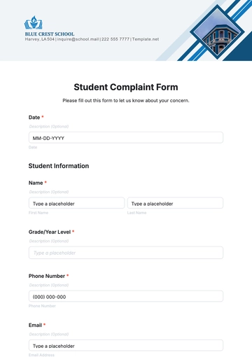 Free Student Complaint Form Template to Edit Online