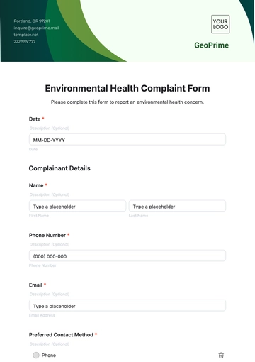Free Environmental Health Complaint Form Template to Edit Online