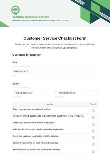 Free Customer Service Checklist Form Template to Edit Online