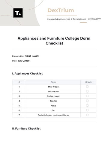Free Appliances and Furniture College Dorm Checklist Template to Edit Online