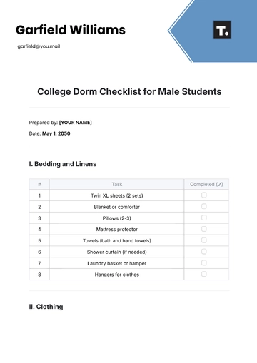Free College Dorm Checklist for Male Student Template to Edit Online