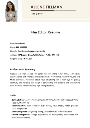 Free Film Editor Resume Template to Edit Online