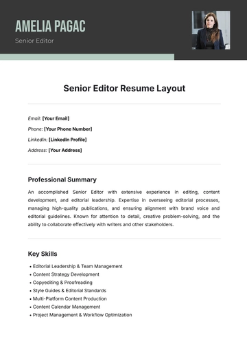 Free Senior Editor Resume Layout Template to Edit Online