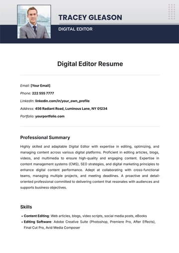 Free Digital Editor Resume Template to Edit Online