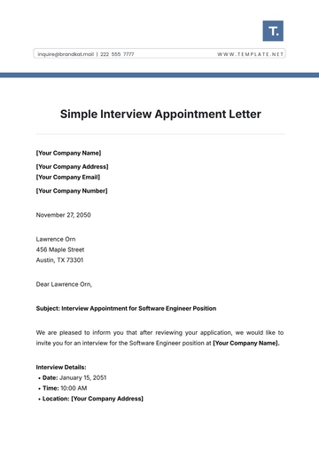 Free Simple Interview Appointment Letter Template to Edit Online