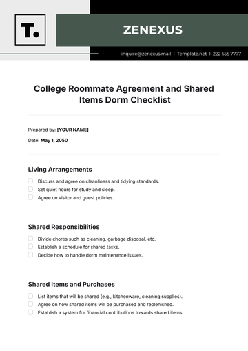 Free College Roommate Agreement and Shared Items Dorm Checklist Template to Edit Online