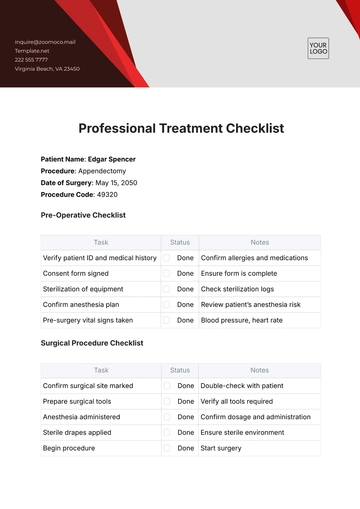 Free Professional Treatment Checklist Template to Edit Online