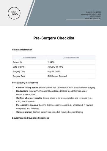 Free Pre-Surgery Checklist Template to Edit Online