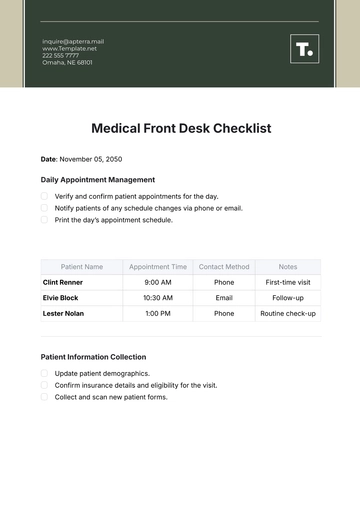 Free Medical Front Desk Checklist Template to Edit Online