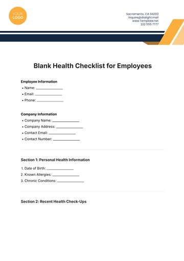 Free Blank Health Checklist for Employees Template to Edit Online