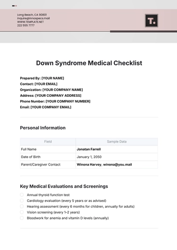 Free Down Syndrome Medical Checklist Template to Edit Online