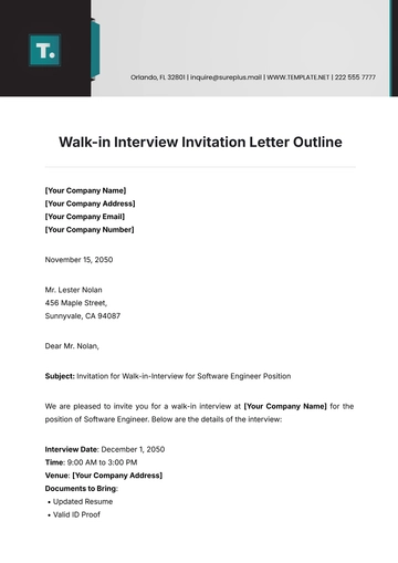 Free Walk-in Interview Invitation Letter Outline Template to Edit Online