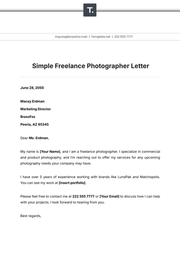 Free Simple Freelance Photographer Letter Template to Edit Online