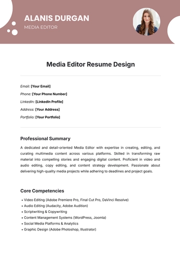 Free Media Editor Resume Design Template to Edit Online